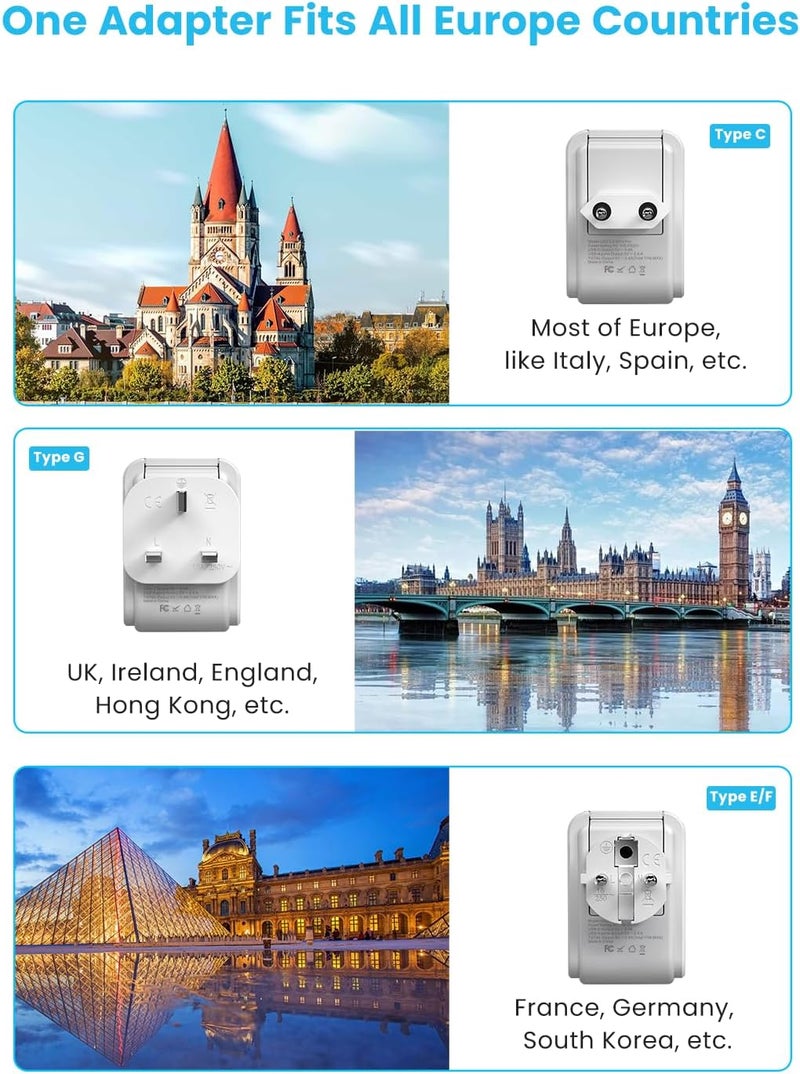 VINTAR مجموعة محول السفر الأوروبية، محول لمقبس أوروبا مع 3 منافذ USB (2 USB C) و 4 مآخذ AC، ملحقات قابلة للفصل من نوع C، G، E/F، محول طاقة دولي لأوروبا المملكة المتحدة فرنسا إيطاليا - Image 3